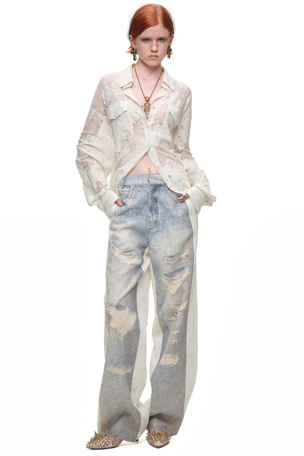 Lace Jacquard Tie Waist Shirt