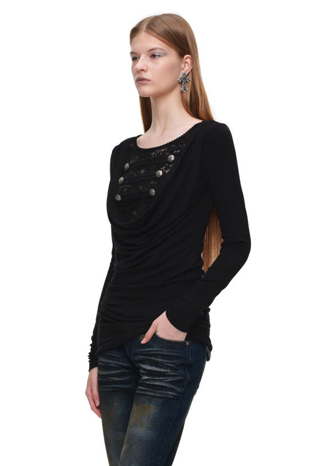 Long-Sleeved Lace Drape Neck Knit Dress