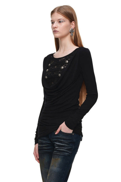Long-Sleeved Lace Drape Neck Knit Dress