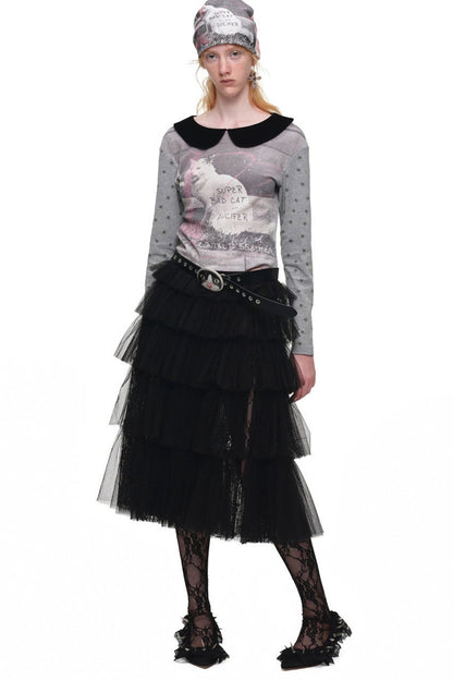 Cat Print Waffle Doll Collar Long-Sleeve T-Shirt