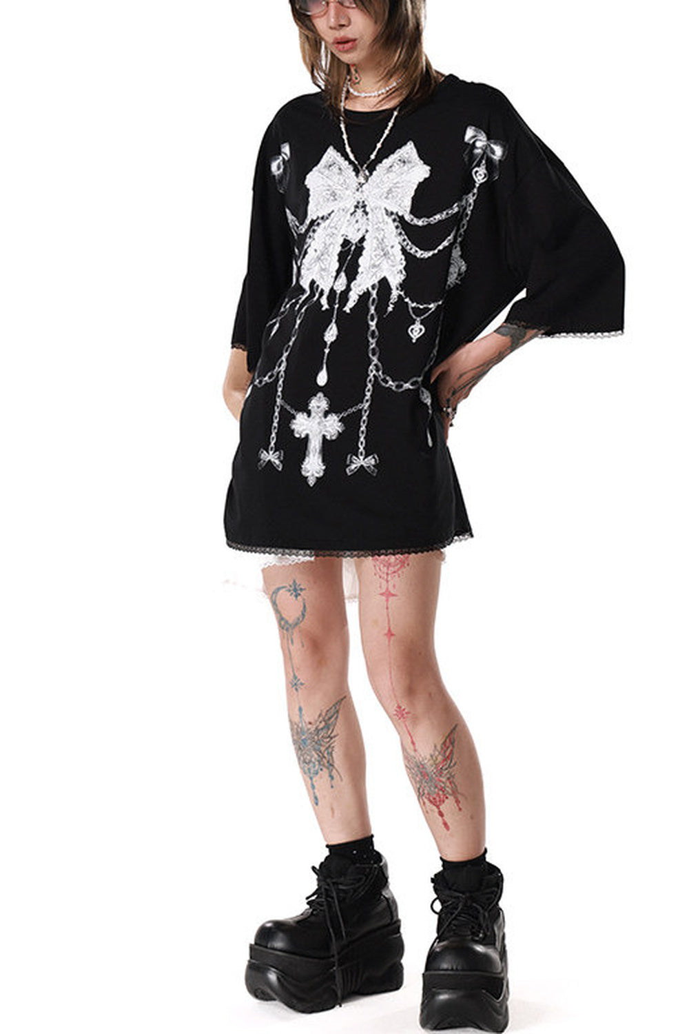 Gothic Bow Chain Rib Cage Lace T-Shirt