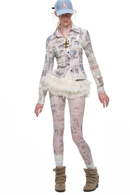 Retro Cat Irregular Newspaper Print One-Piece Stockings