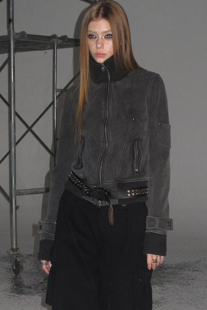 Distressed Patchwork Zip Jacket