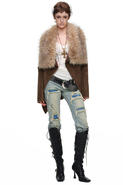 Suede Detachable Fur Collar Coat