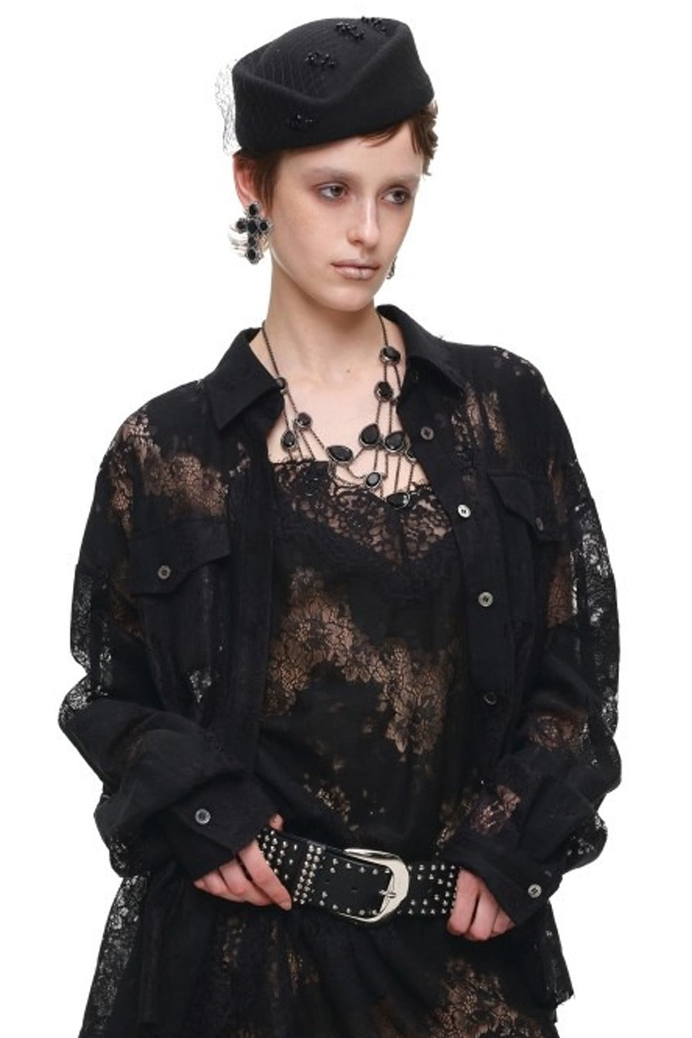Lace Jacquard Tie Waist Shirt