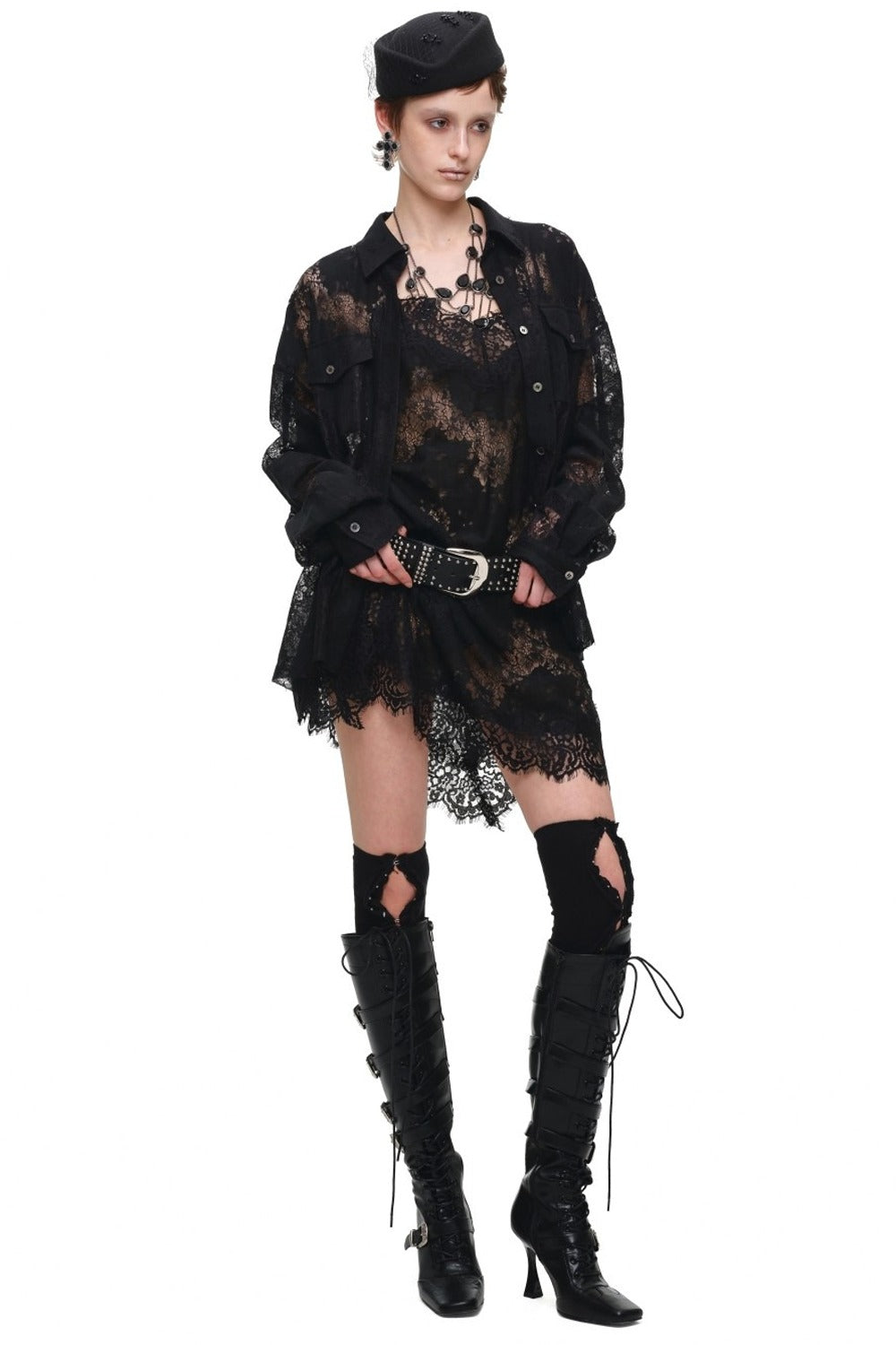 Lace Jacquard Tie Waist Shirt
