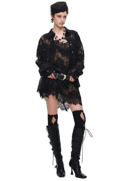 Lace Jacquard Tie Waist Shirt