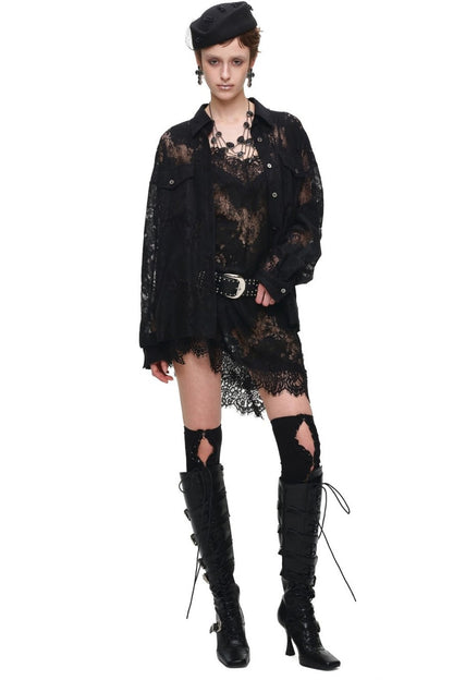 Lace Jacquard Tie Waist Shirt