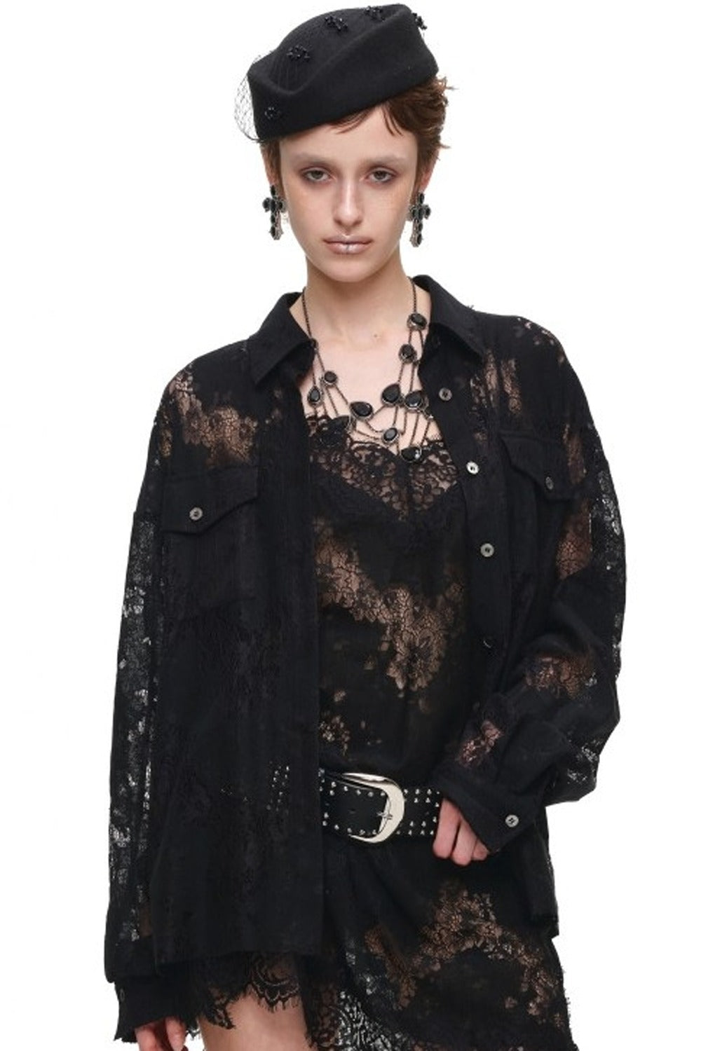 Lace Jacquard Tie Waist Shirt
