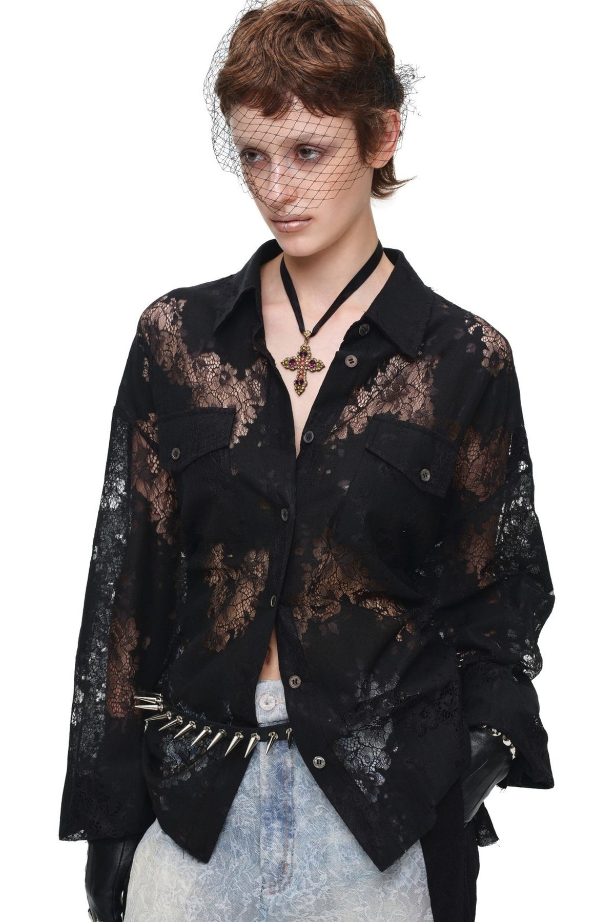 Lace Jacquard Tie Waist Shirt