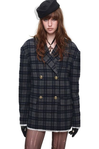 Plaid Wool Double Breasted Coat