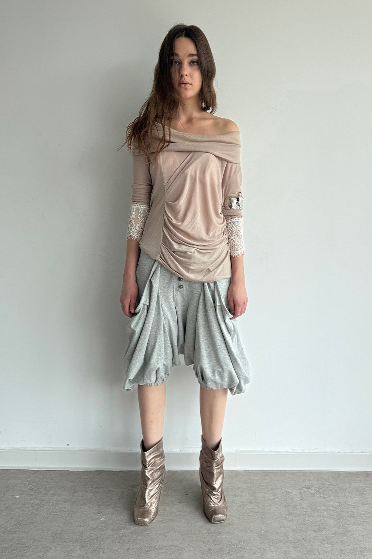 Pleated Cowl Neck Lace Trim Top