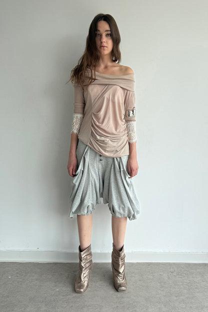 Pleated Cowl Neck Lace Trim Top
