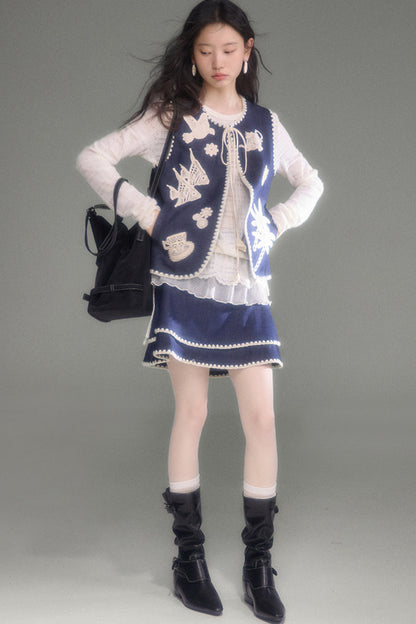 Plaid Lace Long Sleeve T-Shirt Skirt Set-Up