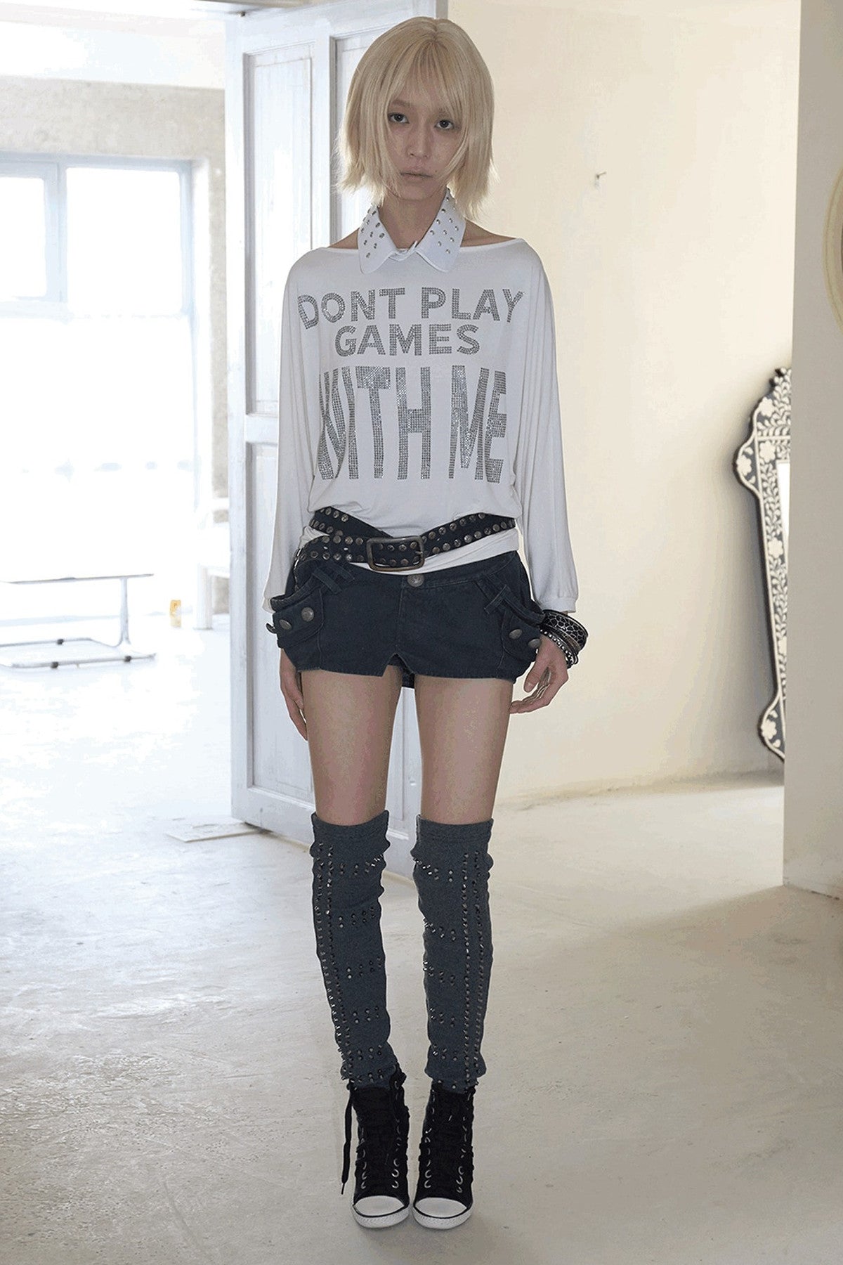 Rhinestone Off-Shoulder Loose T-Shirt