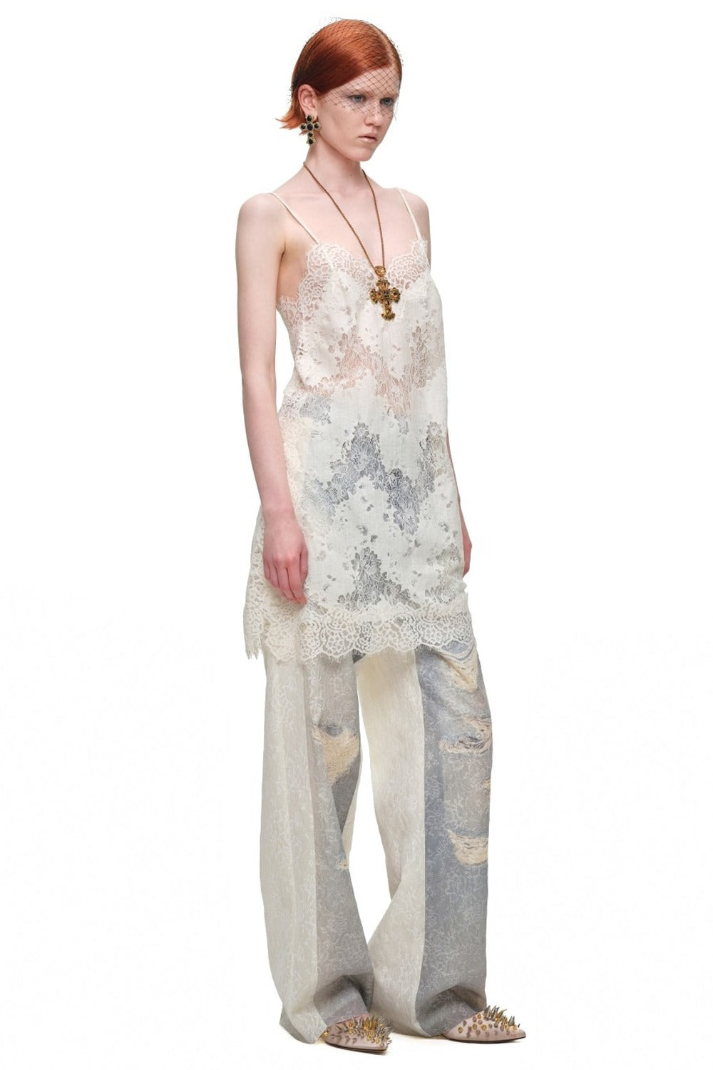 Washed Ripped Lace Straight-Leg Pants