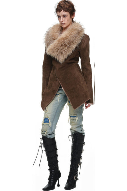 Suede Detachable Fur Collar Coat