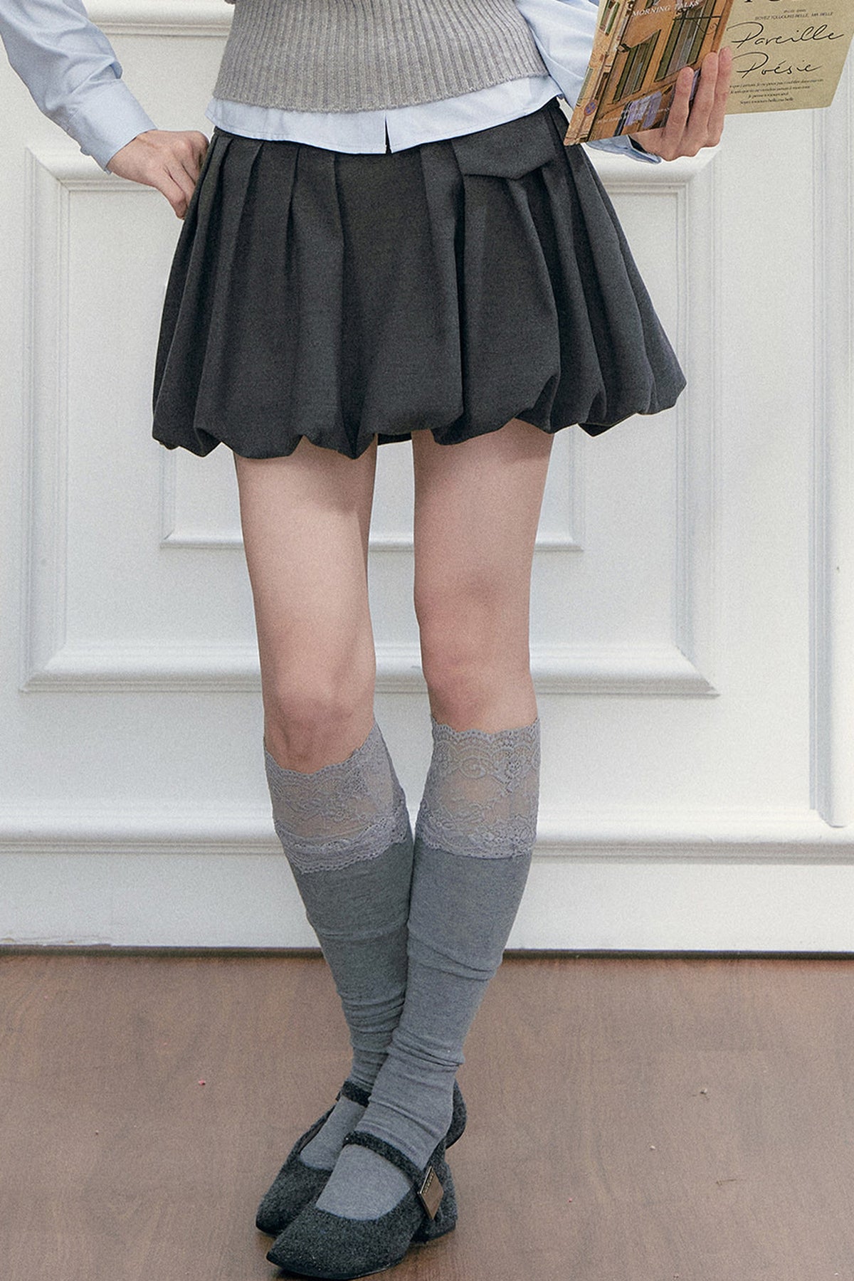 A-Line Pleated Pocket Bud Waist Skirt