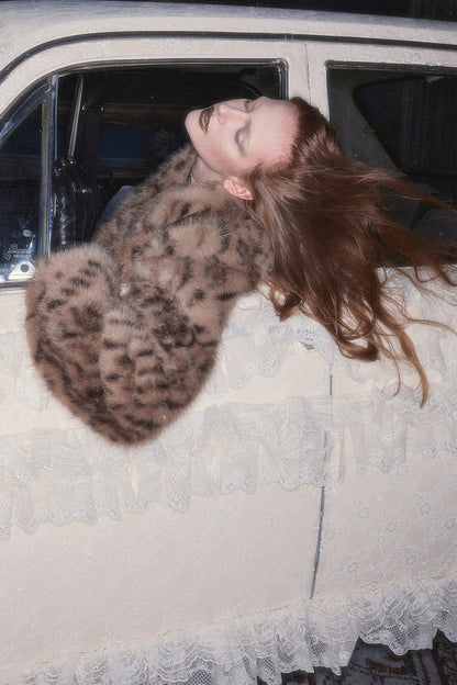 Belted Long Sleeve Leopard Fur Coat