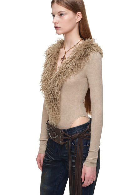 Long-Sleeve Wool V-Neck Bodysuit