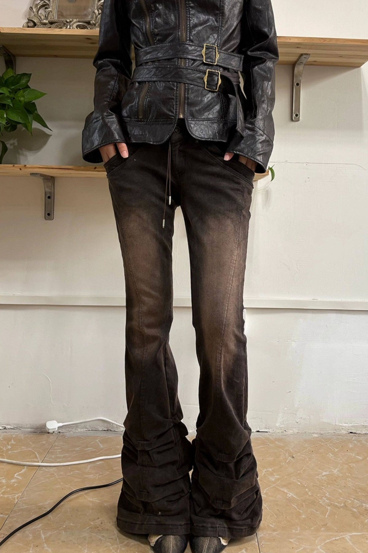 Washed Distressed Stacked Hem Jeans