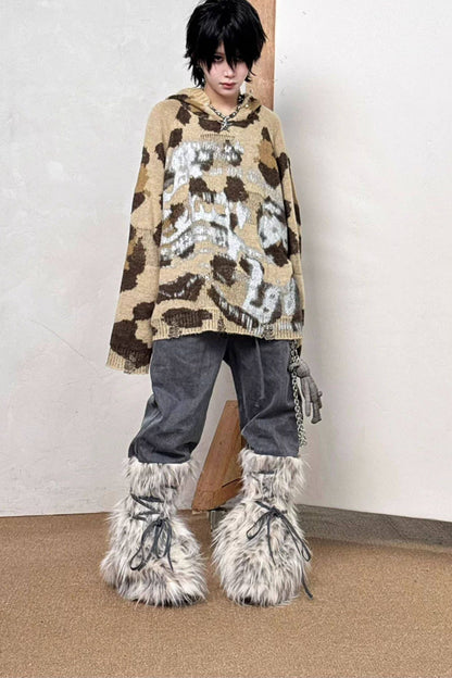 Loose Faux Fur Patchwork Drawstring Jeans