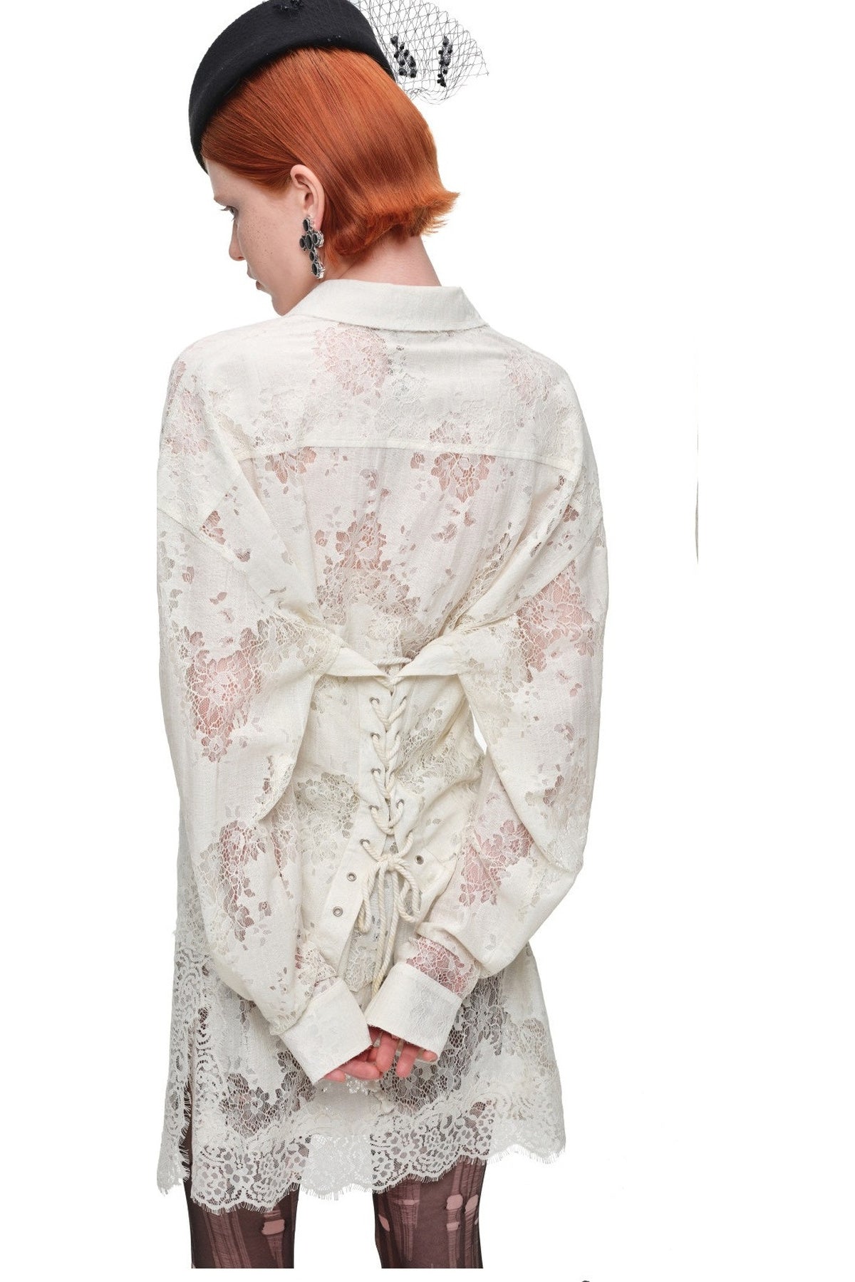 Lace Jacquard Tie Waist Shirt