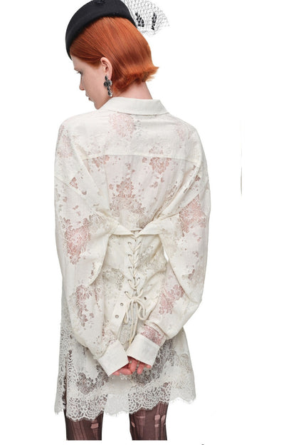 Lace Jacquard Tie Waist Shirt