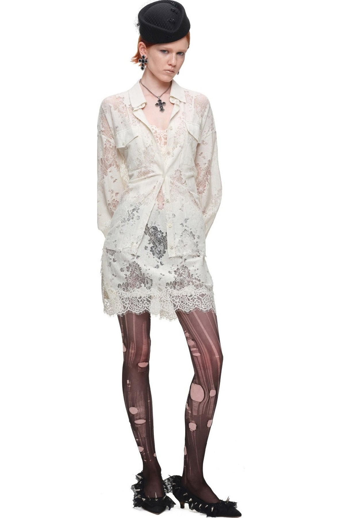 Lace Jacquard Tie Waist Shirt
