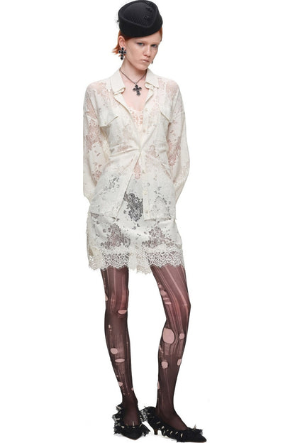 Lace Jacquard Tie Waist Shirt