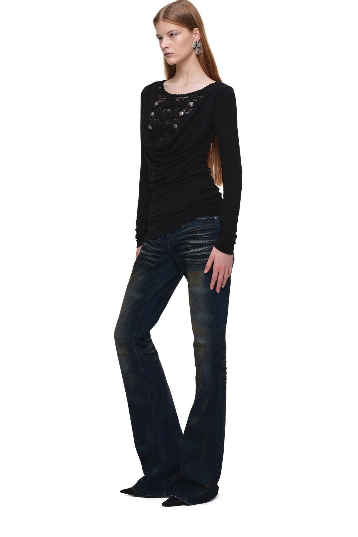 Long-Sleeved Lace Drape Neck Knit Dress