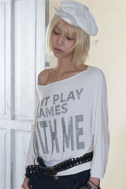Rhinestone Off-Shoulder Loose T-Shirt
