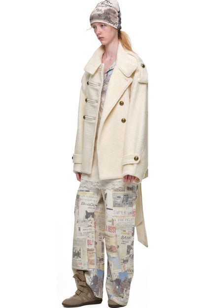 Double-Breasted Lace-Up Tweed Coat
