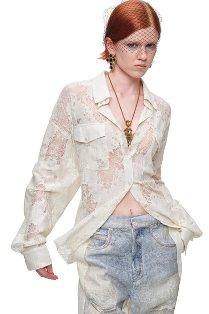Lace Jacquard Tie Waist Shirt