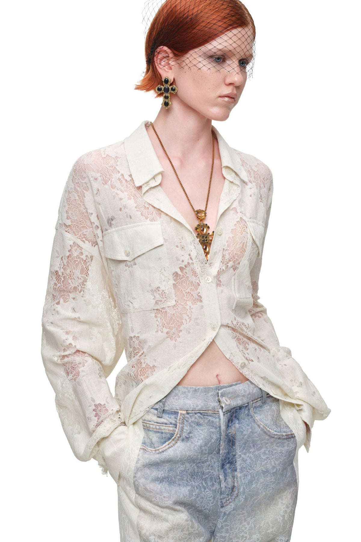 Lace Jacquard Tie Waist Shirt