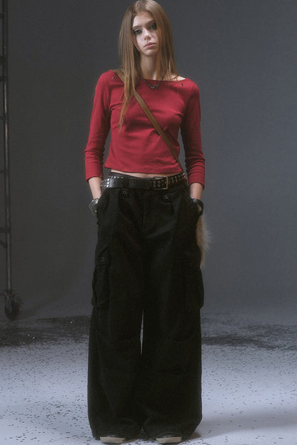 Wide-Leg Cargo Rivets And Embroidery Pants