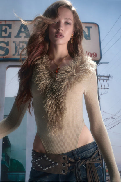 Long-Sleeve Wool V-Neck Bodysuit