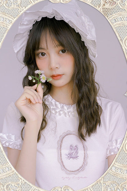 Doll Collar Butterfly Print Lace T-Shirt