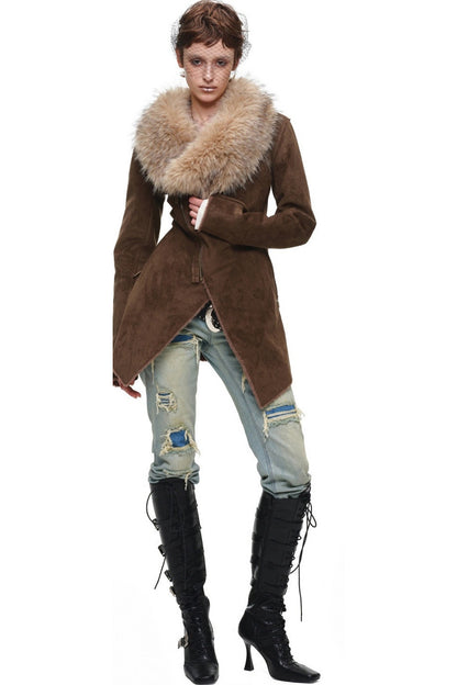 Suede Detachable Fur Collar Coat