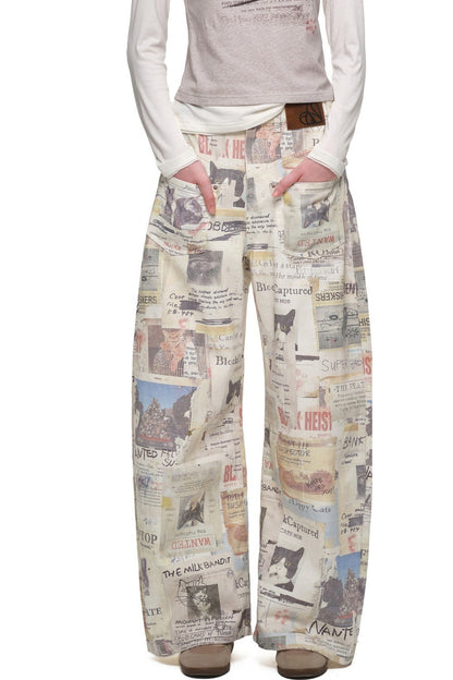 Cat Newspaper Print Scimitar Pants