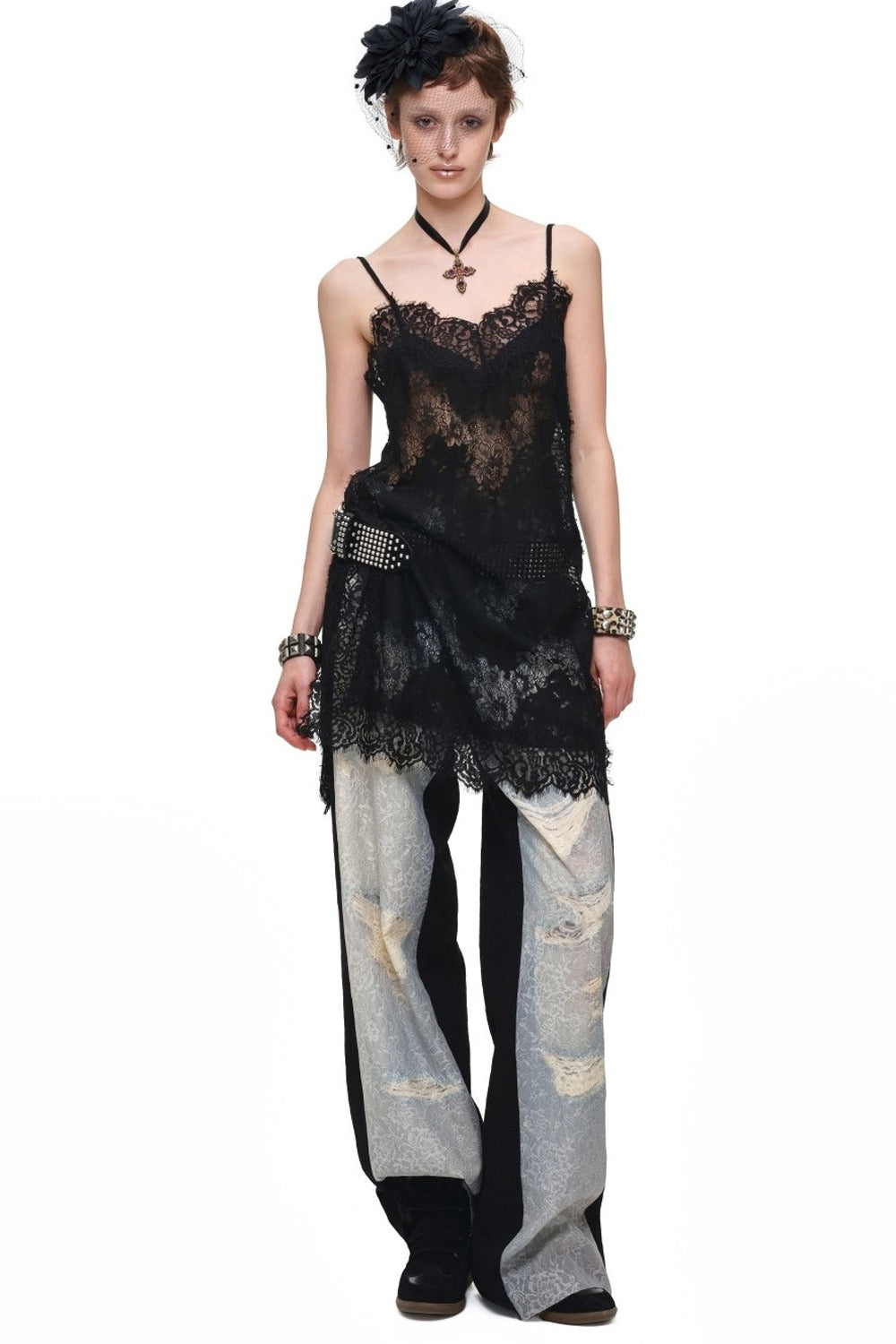 Washed Ripped Lace Straight-Leg Pants