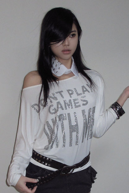 Rhinestone Off-Shoulder Loose T-Shirt