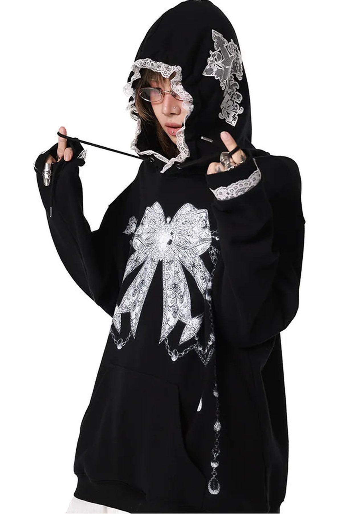 Gothic Lace Trim Cross Bow Sweatshirt