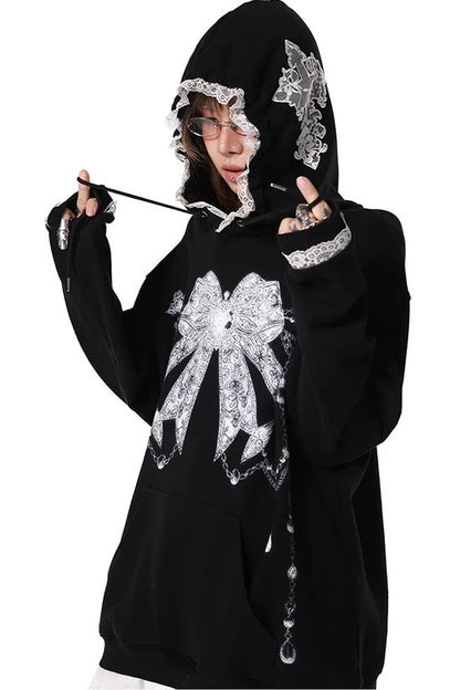 Gothic Lace Trim Cross Bow Sweatshirt