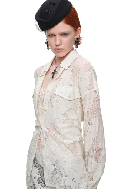 Lace Jacquard Tie Waist Shirt