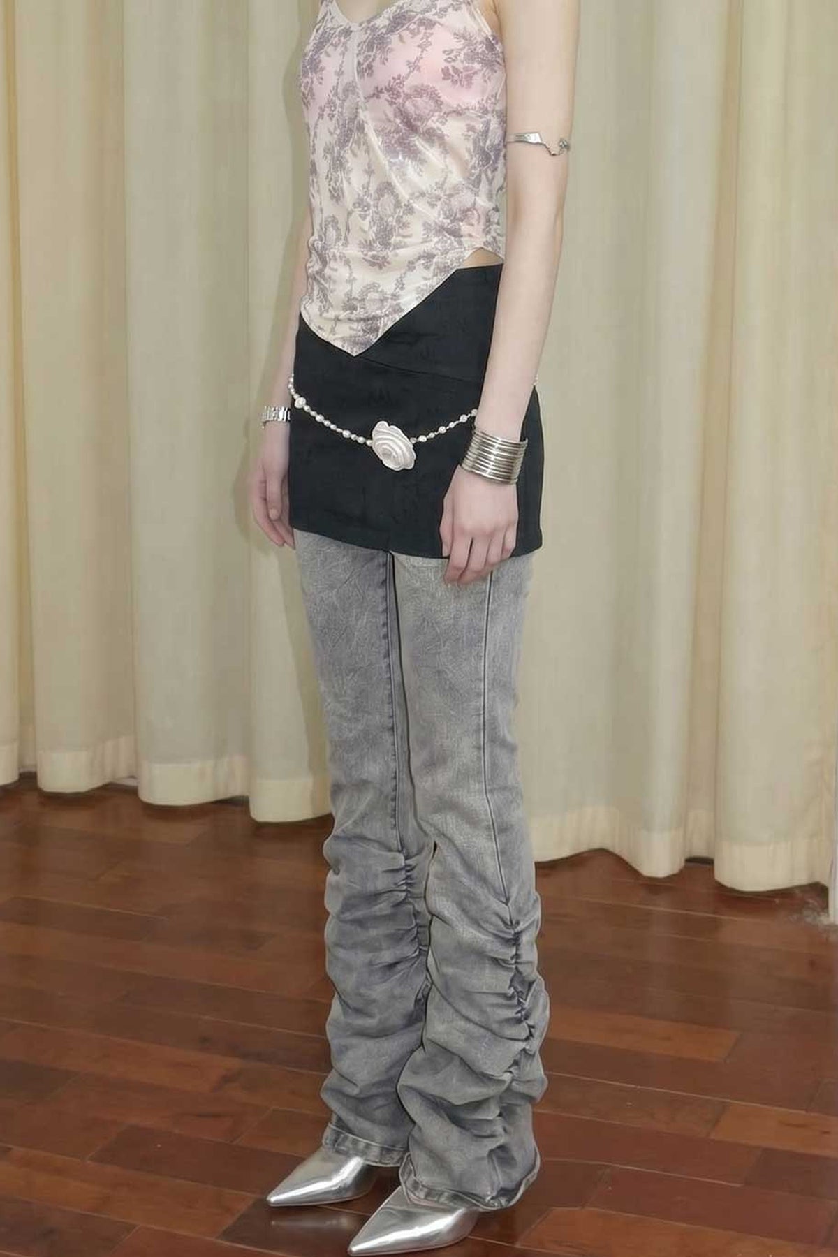 Low-Waisted Flared Pleated Denim Jeans