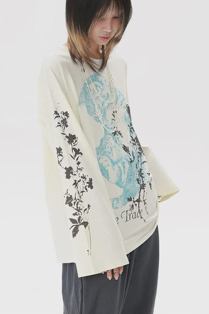 Distressed Cat Floral Long-Sleeve T-Shirt