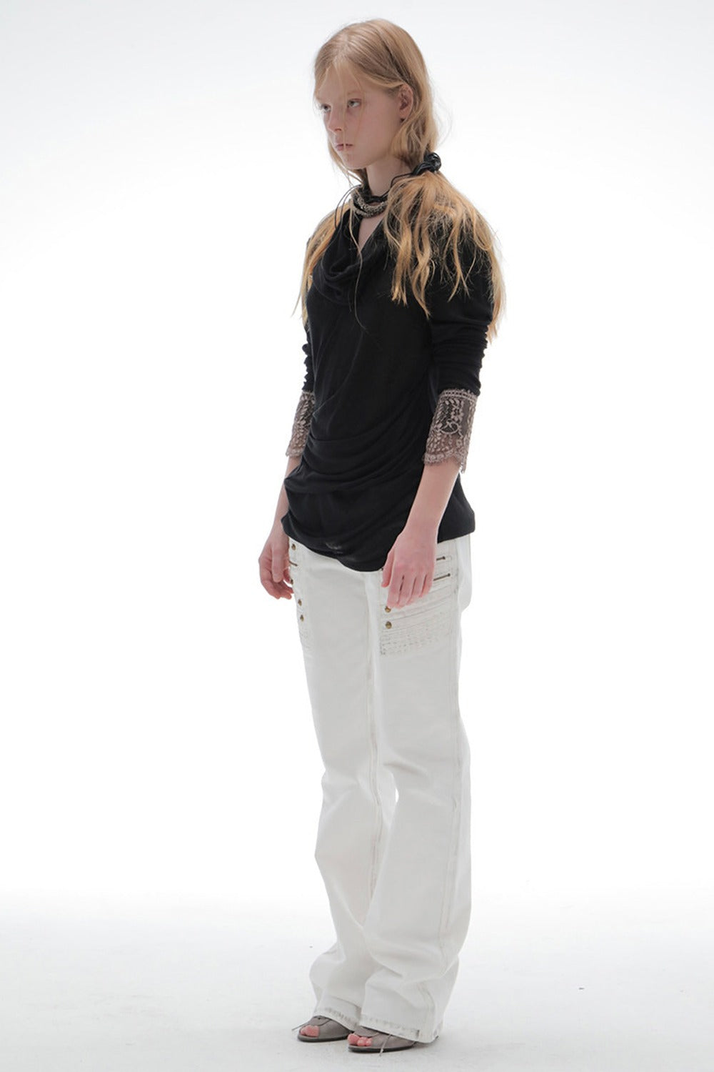Pleated Cowl Neck Lace Trim Top