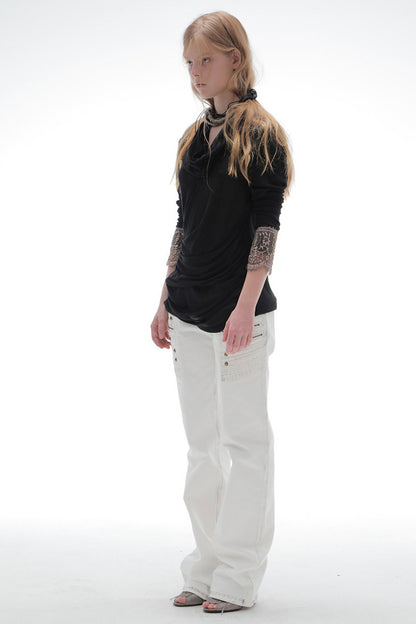 Pleated Cowl Neck Lace Trim Top