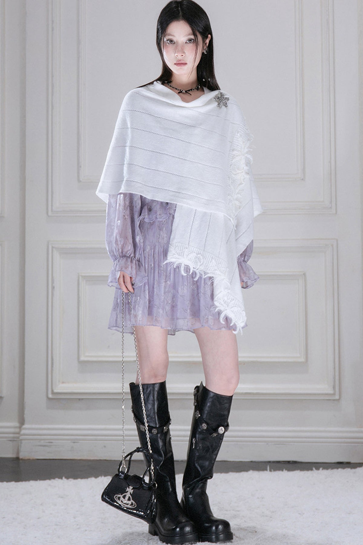 Woll-Strickjacke mit Wolken- und Blumenmuster
